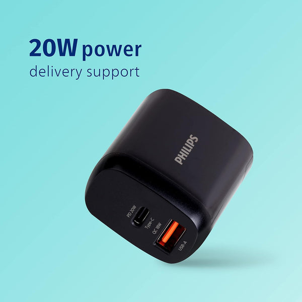 Philips DLP4326C Dual USB Fast Charging Wall Charger - 20W Type C & 18W USB-A, Charge 2 Devices Simultaneously, Ergonomic Design, Smart IC Protection, AC 100V-240V Input