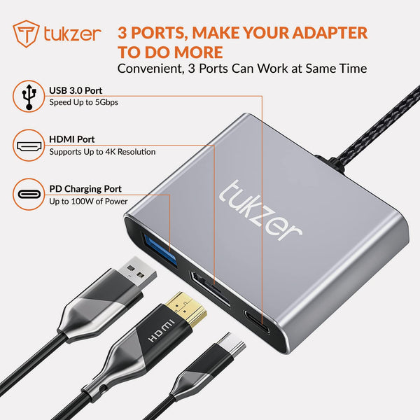 Tukzer 3-in-1 USB Type C to HDMI Adapter 4K@30Hz, 100W PD Fast Charging Port, USB A 3.0 @5Gbps Speed, MultiPort HUB for MacBook Pro Air, Windows, Laptop, iPad, Tablet, Smartphone & All Type C Devices